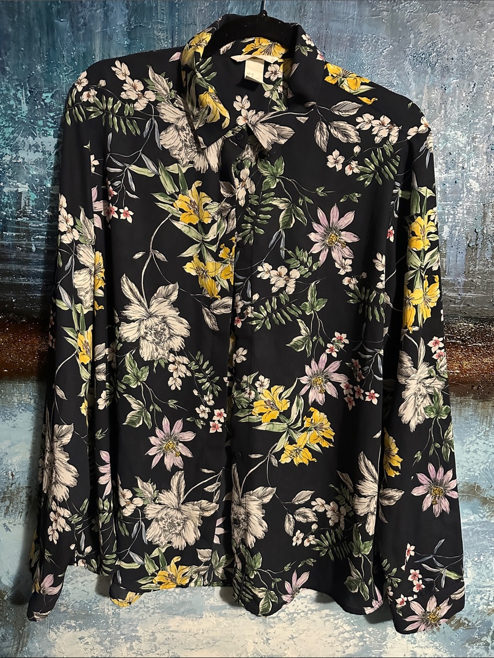 H&M Black Floral Button-Up Shirt - Yellow & Green Accents